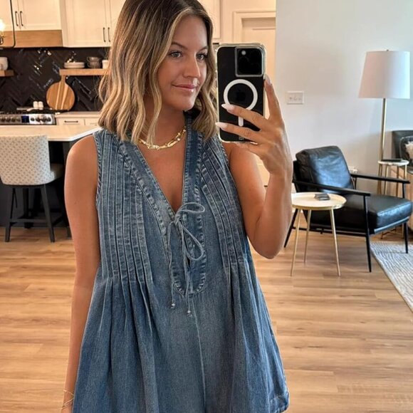 Women's Sleeveless V Neck Shorts Denim Romper Tie Front Ruffle Cute Loose Jean S - Picture 3 of 4